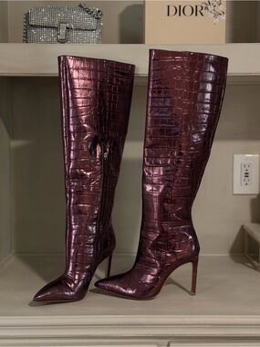 Women's Croc-Embossed Pointed Toe Stiletto Boots - Black Suede Studio